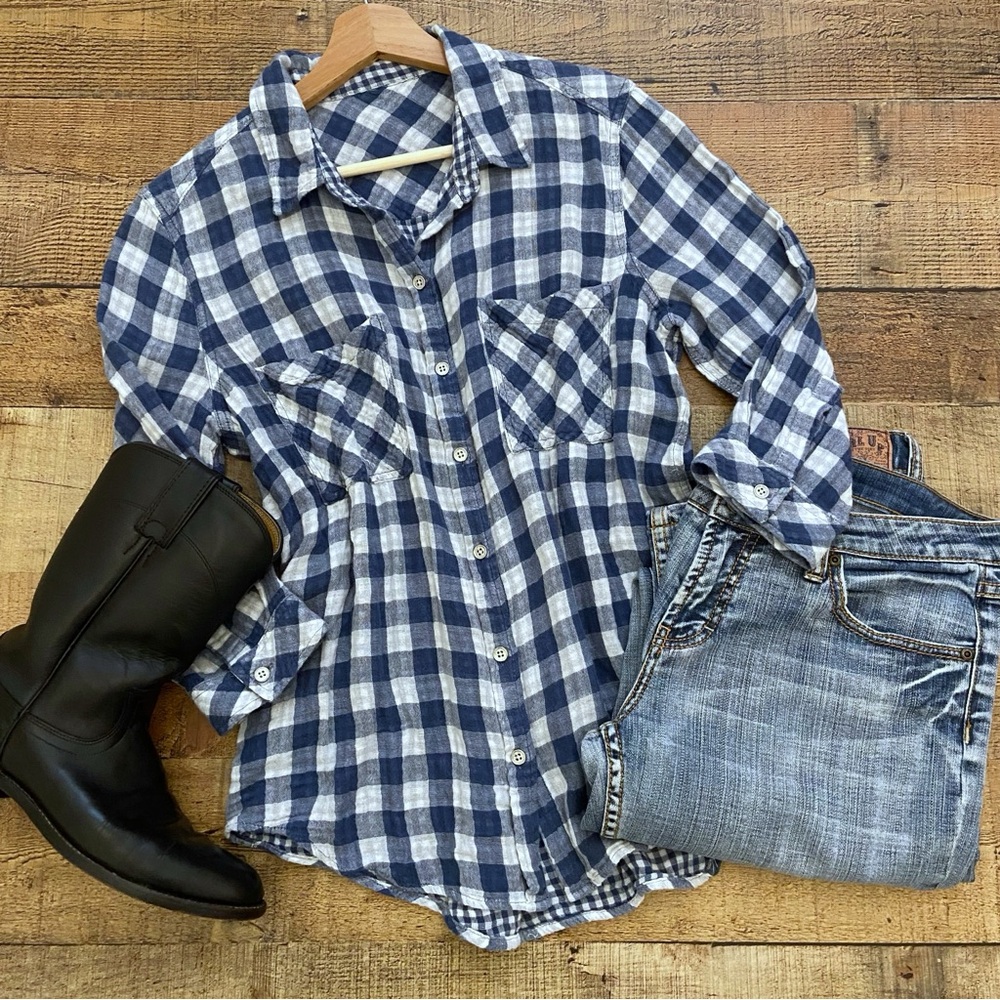 Seven7 Jeans Cotton Plaid Button Down 3/4 Length Sleeves